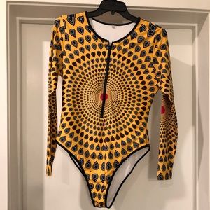 African print one piece swim suit with zipper.